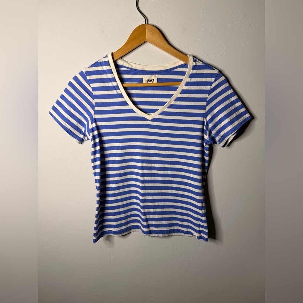 Pact Blue and White Striped V-Neck Short Sleeve Tee